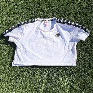 Kappa Womens White Logo Tape Cropped T-Shirt Medium Short Sleeve Cotton Tee